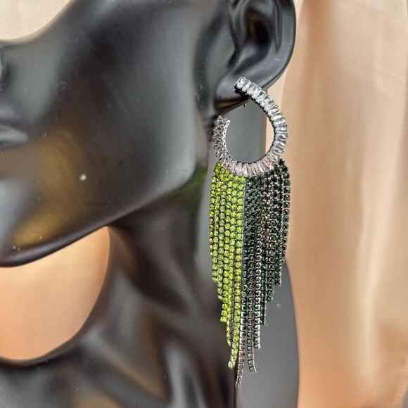 Glam Green & Black Crystal Fringe Earrings — Luxe Statement Jewelry - Picture 9 of 11